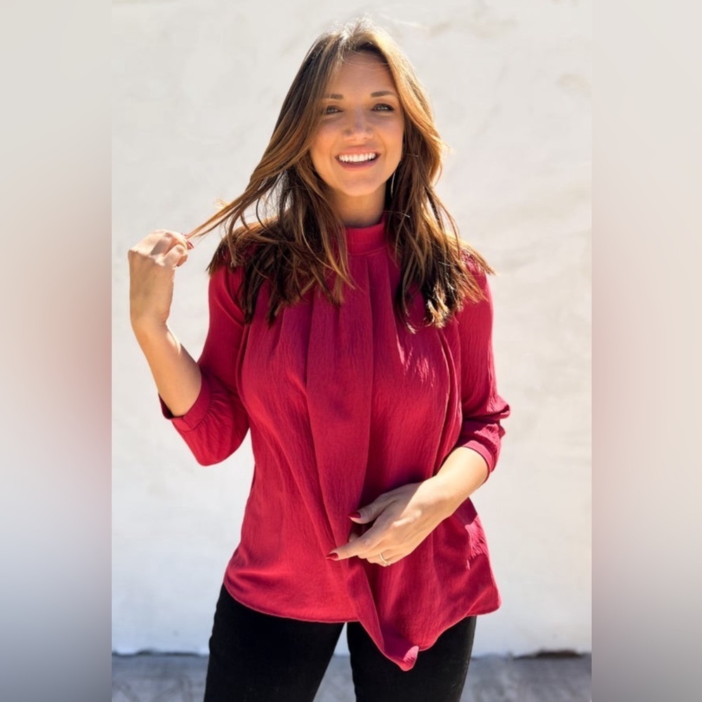 Anthropologie Ces Femme Maroon Mock Neck Pleated Blouse. Sz S